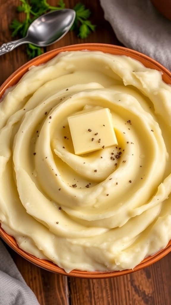A bowl of creamy mashed potatoes topped with butter and pepper, served on a rustic table.